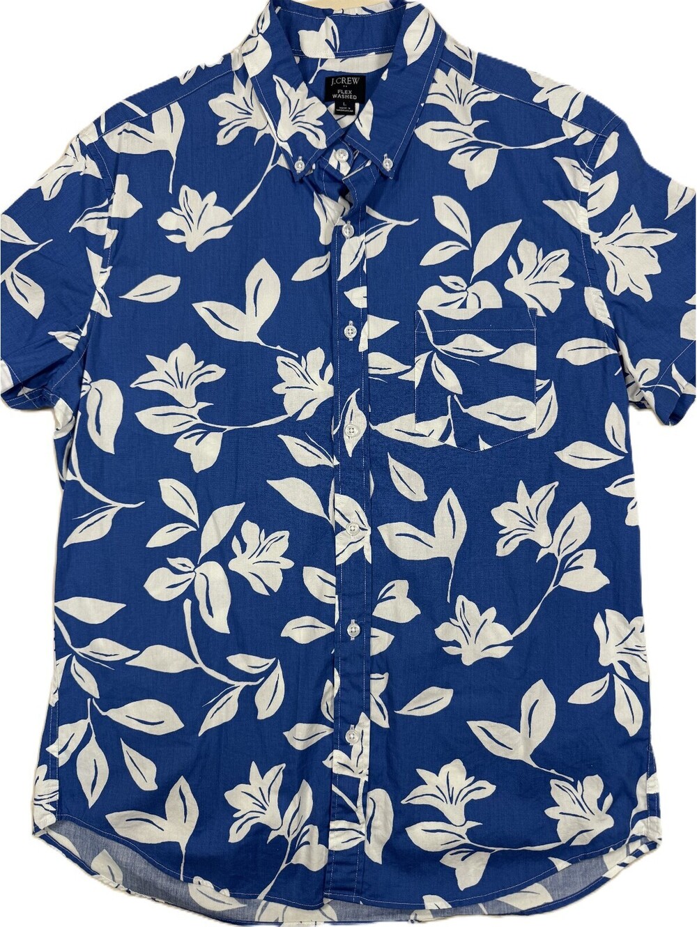 J. Crew Men's Short Sleeve Flex Washed Shirt Large Royal Blue White Leaves